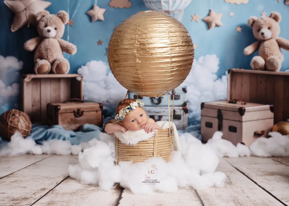 Kate Birthday Hot Air Balloon Teddy Bear Star Cloud Backdrop Designed by Emetselch