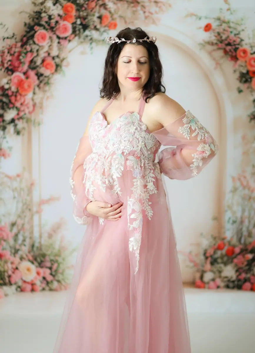 Kate Mesh Hanging Neck Mid Sleeve Trailing Custom Maternity Photoshoot Gowns, S / 156#-Mint green Kate Mesh Hanging Neck Mid Sleeve Trailing Custom Maternity Photoshoot Gowns, S / 156#-Mint green