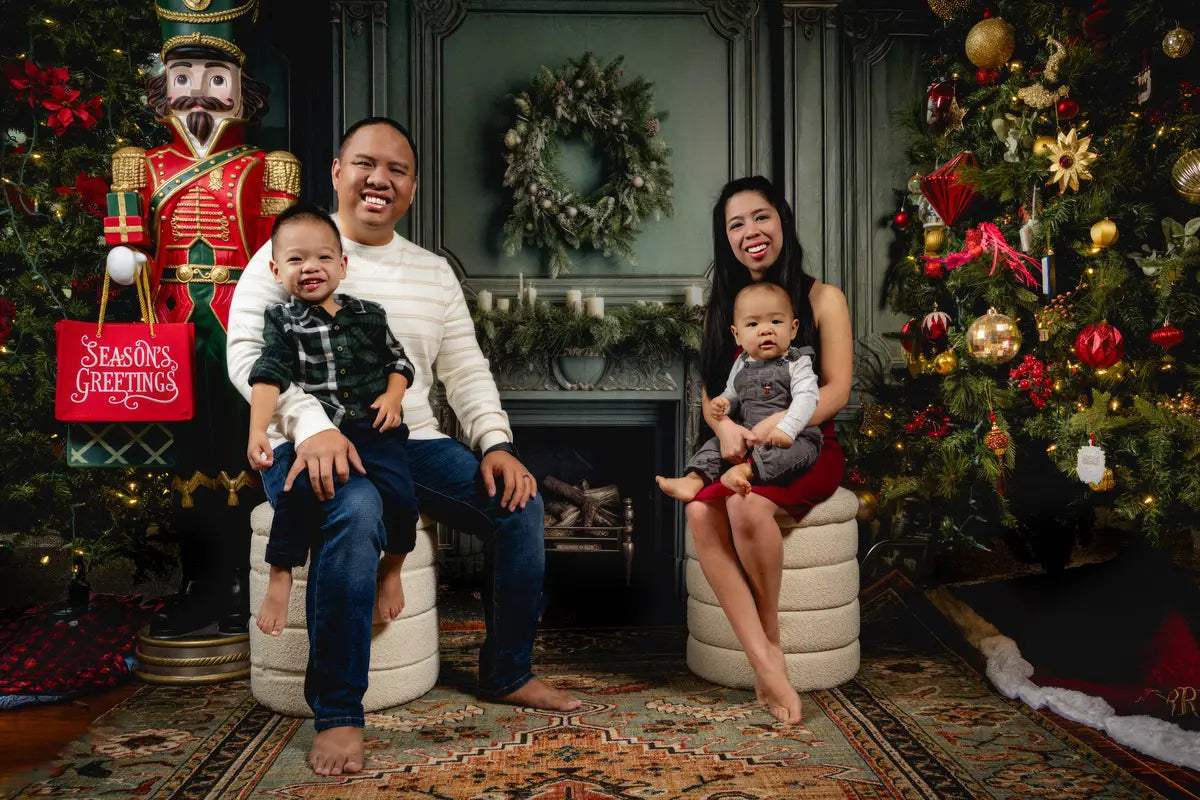 Kate Elegant Fireplace with Christmas Greenery Backdrop Designed by Mandy Ringe Photography