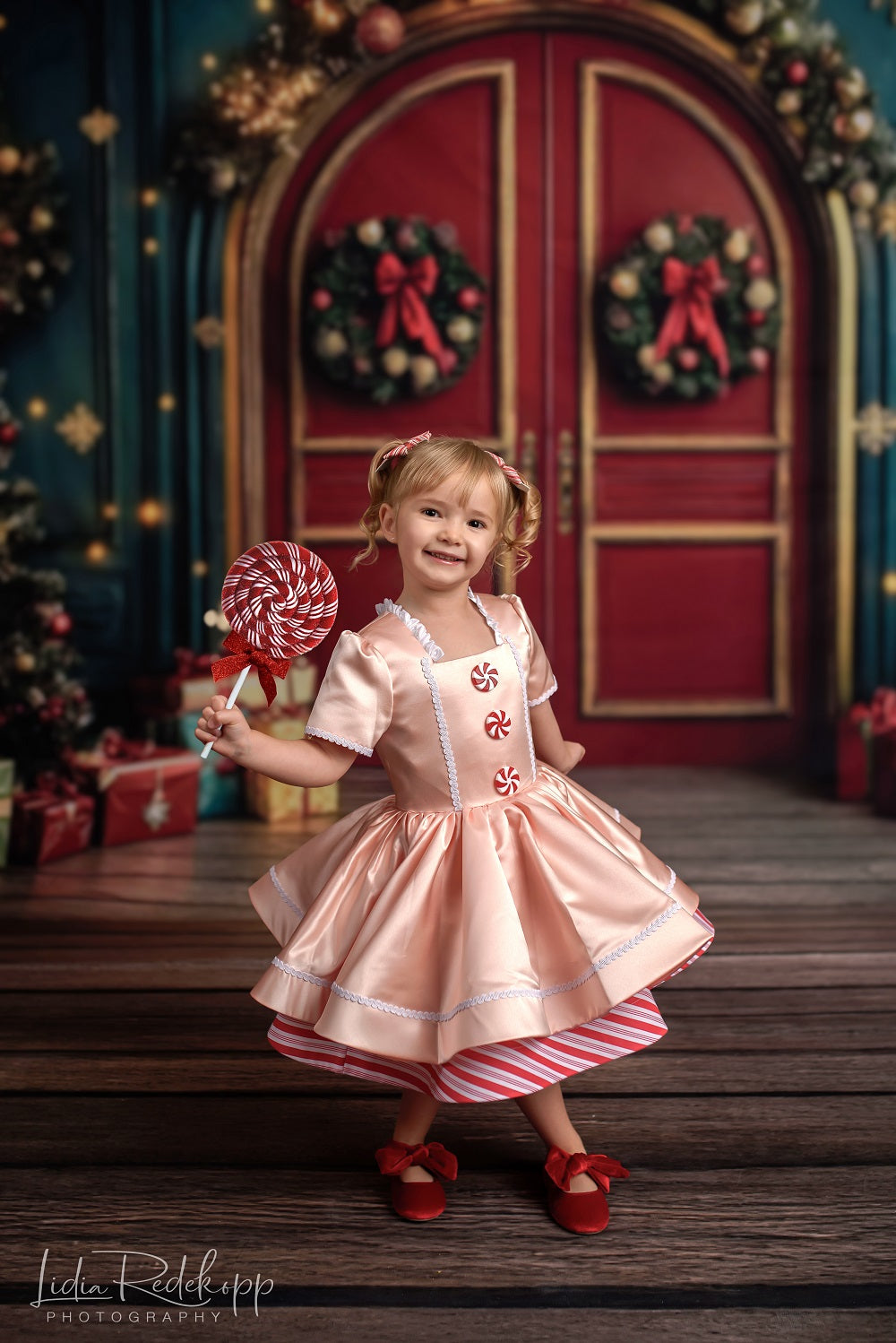 Vestido de Niña de Rayas de Caramelo Rosa de Navidad para Fotografía