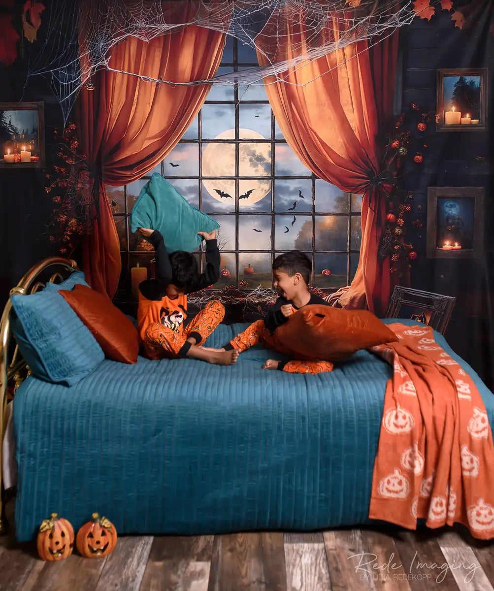 Halloween Night Bat Orange Curtain Black Framed Window Backdrop ontworpen door Emetselch