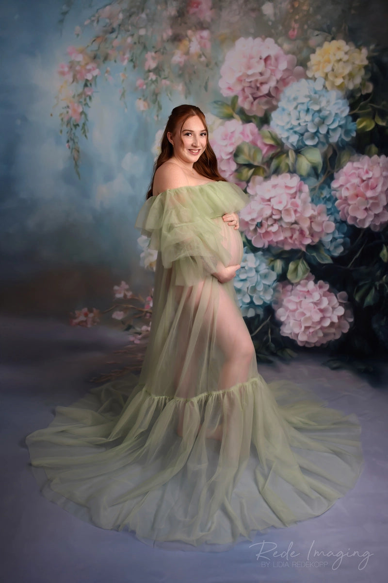 Vestido de maternidad de malla azul sin tubo para sesión de fotos