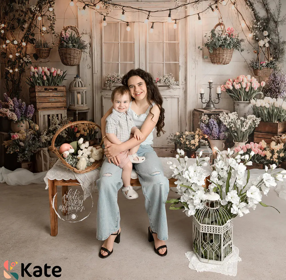 Kate Spring Flower Crates Rustic Door String Lights Printed Backdrop+Beige Floor Printed Backdrop Printed Backdrop