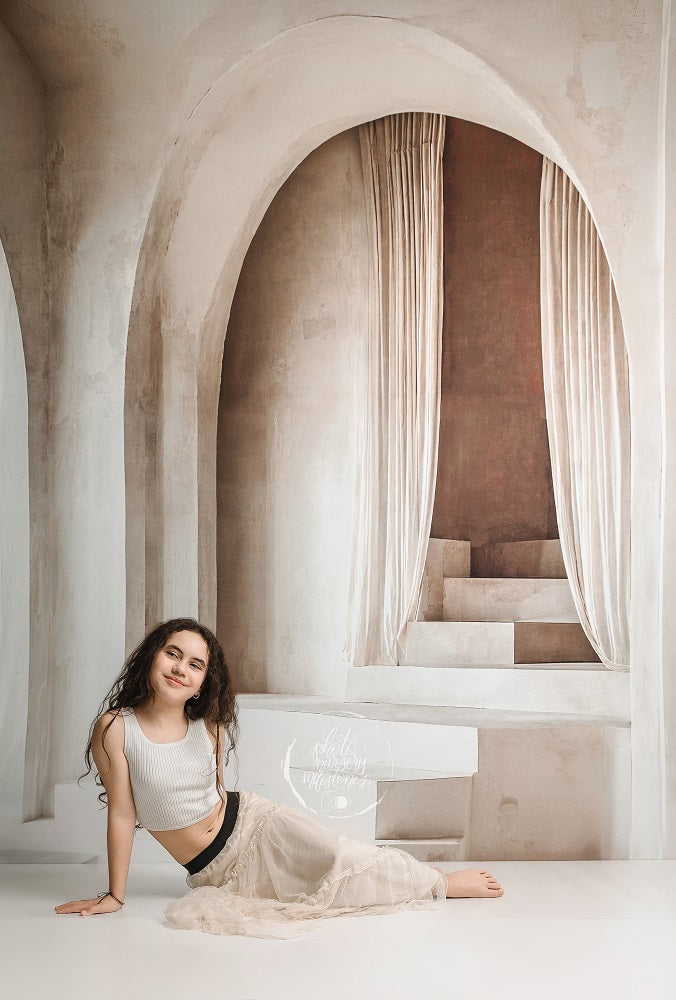 Kate Neutral Minimalist Arch Cascading Stairs Printed Backdrop Designed by Emetselch