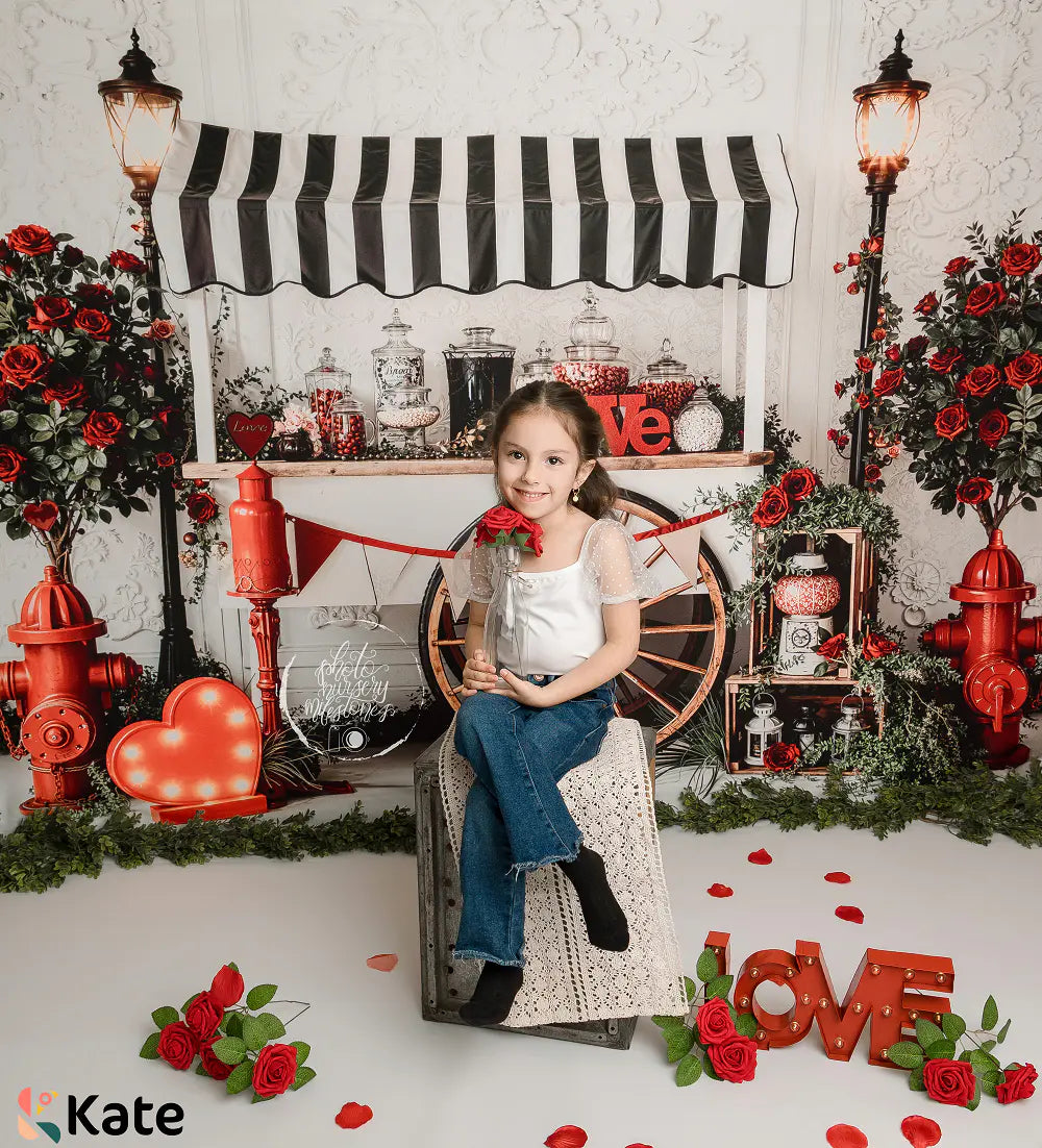 Kate Valentine's Day Candy Cart Red Roses Fire Hydrants Printed Backdrop Designed by Emetselch