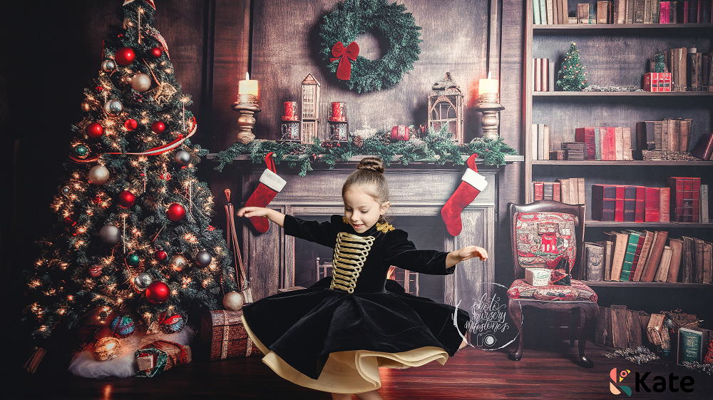 Kate Retro Christmas Tree Fireplace Santa Warm House Book Backdrop for Photography