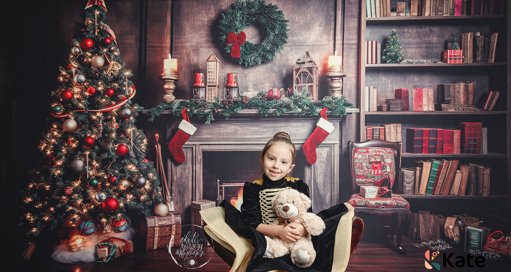 Árbol de Navidad Retro Chimenea de Santa Casa Cálida Fondo de Lana para Fotografía