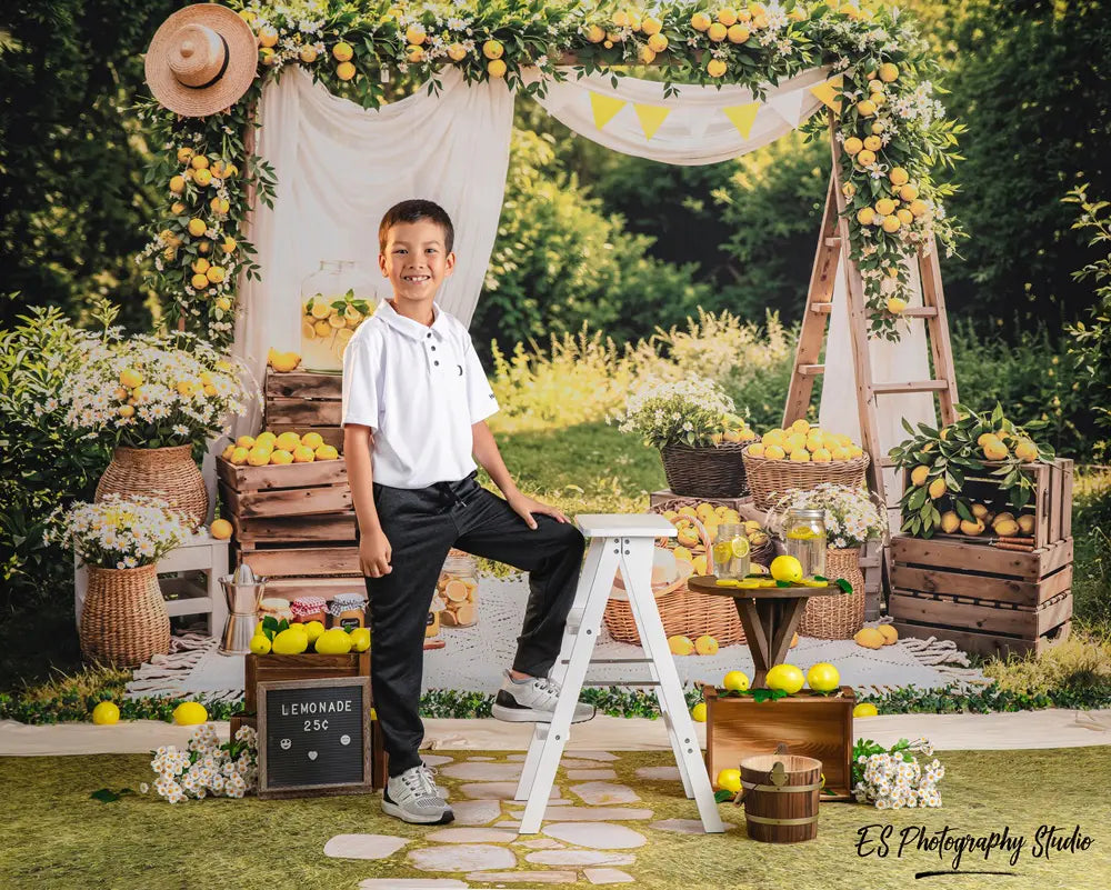 Kate Summer Lemon Flower Arch Picnic Baskets Crates Printed Backdrop+Stone Pathway in Green Meadow Printed Backdrop