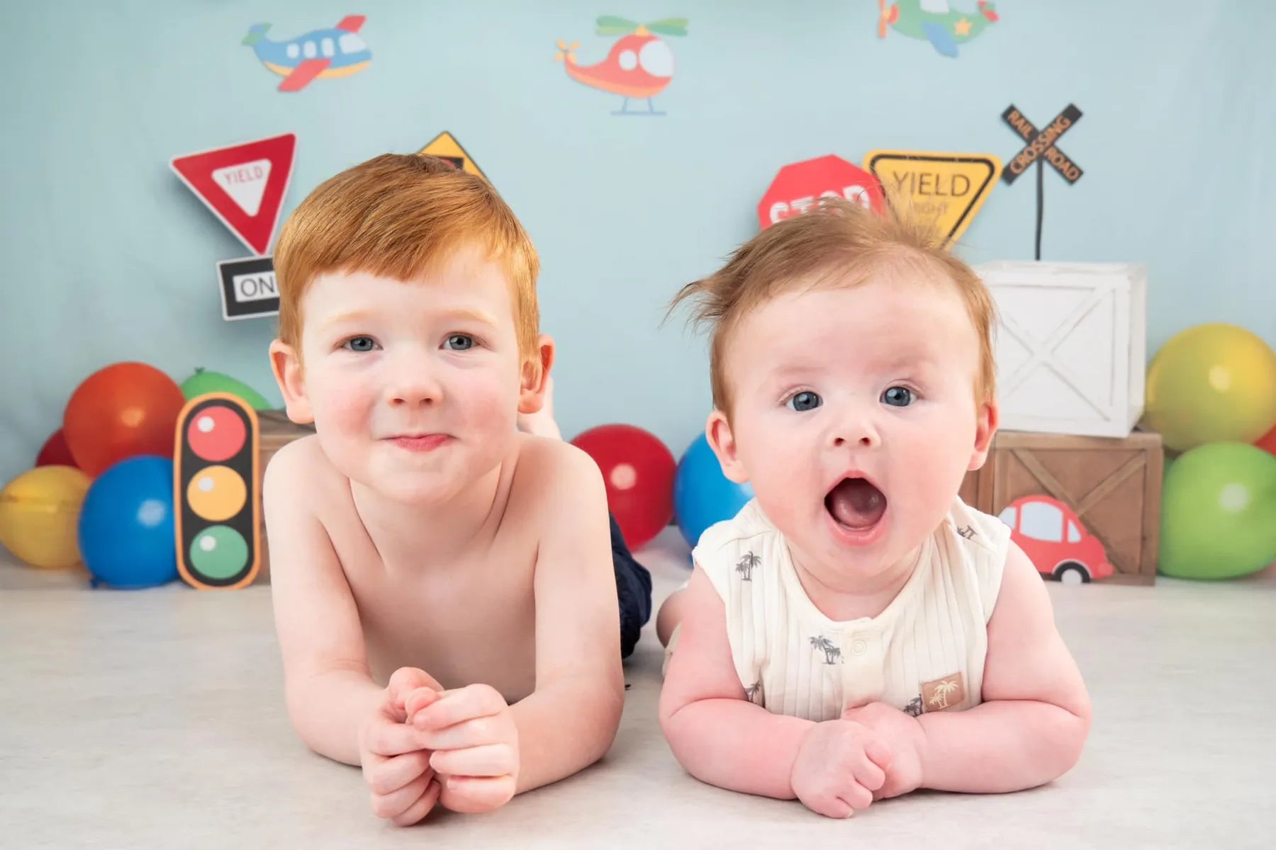 Kate Colorful Birthday Cars Trucks Airplanes Backdrop Designed by Melissa King - Kate Backdrop