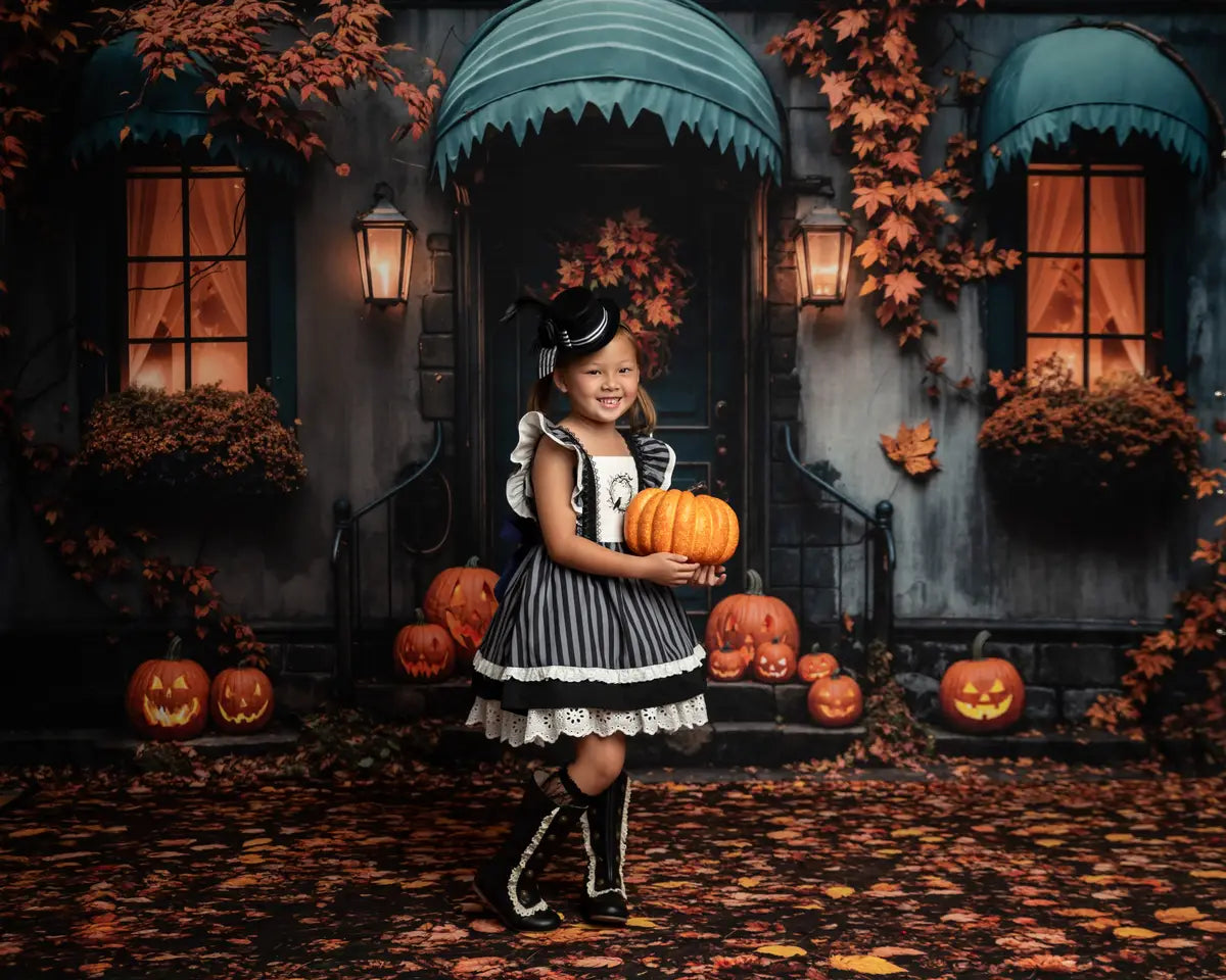 Kate Fall Halloween Maple Leaf Blue House Backdrop+Fall Fallen Leaves Floor Backdrop