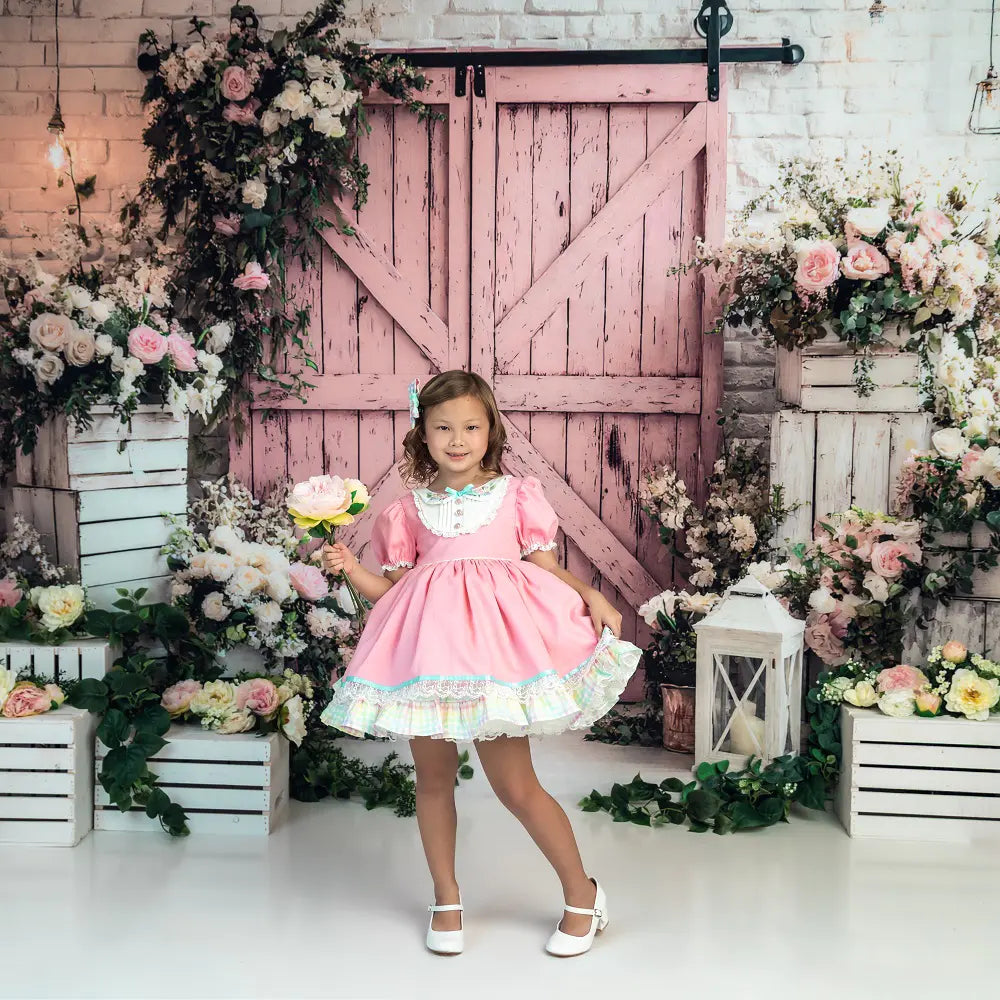 Kate Spring Pink Barn Door Flower Arch White Crates Lantern Backdrop Designed by Ashley Paul
