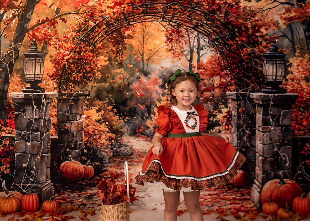 Kate Autumn Pumpkin Forest Retro Red Maple Leaves Arch Gate Backdrop Designed by GQ