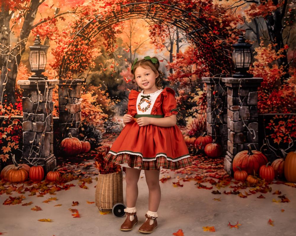 Kate Autumn Pumpkin Forest Retro Red Maple Leaves Arch Gate Backdrop Designed by GQ