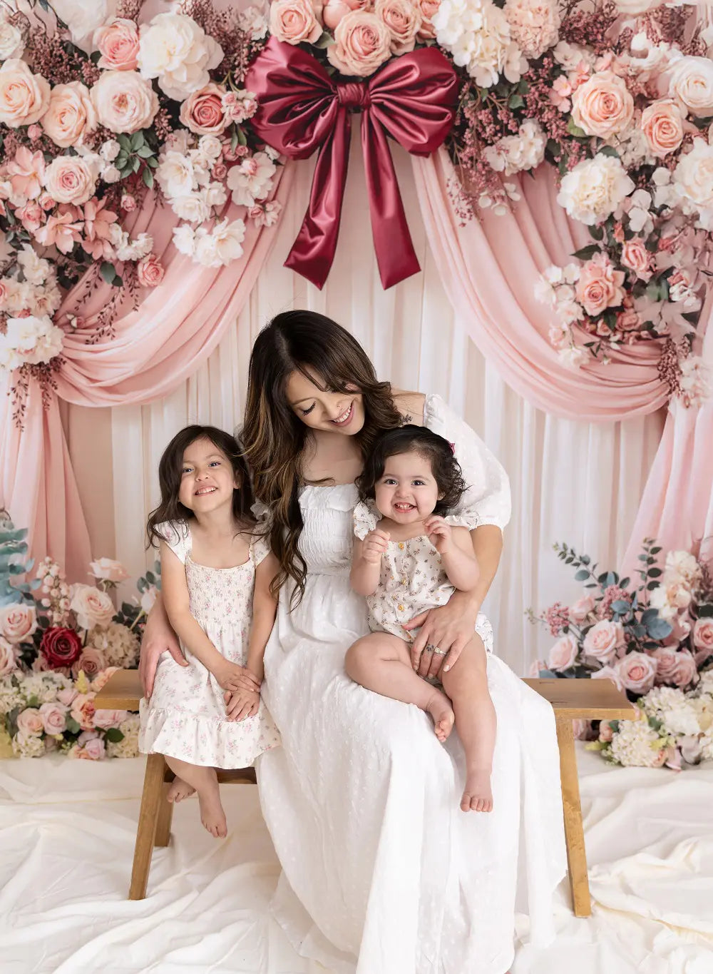 Kate Mother's Day Flower Arch Pink Drapes Roses Bow Printed Backdrop Designed by Emetselch
