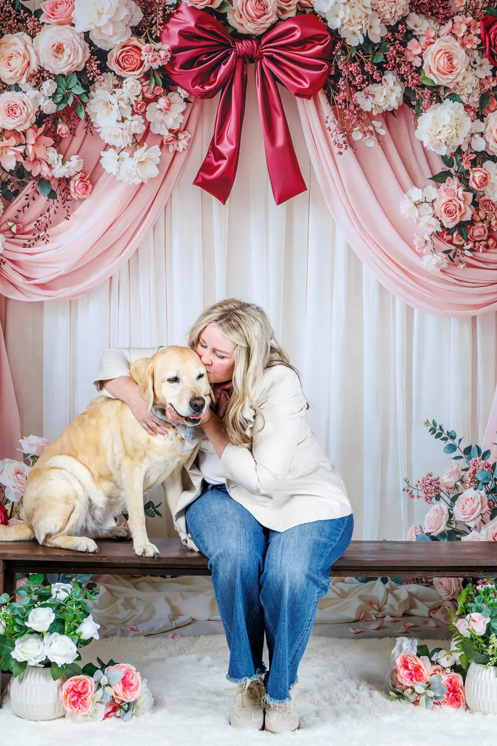 Kate Mother's Day Flower Arch Pink Drapes Roses Bow Printed Backdrop Designed by Emetselch