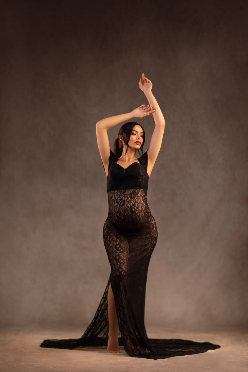 Kate Lace Short Sleeved Strapless Black Custom Maternity Photoshoot Gowns