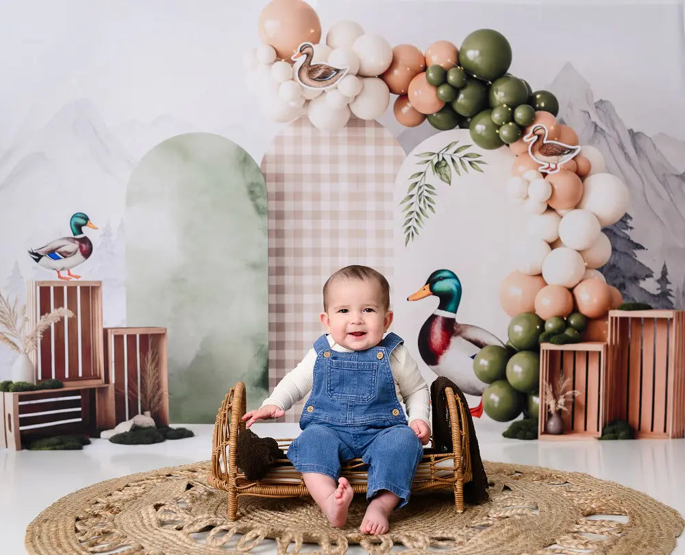 Kate Cake Smash Duck Balloon Arch Crate Mountain Printed Backdrop Printed Backdrop Designed by Patty Roberts
