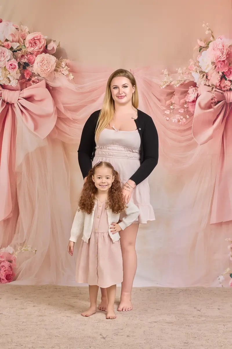 Kate Floral Pink Bow Drapes Vintage Wall Backdrop Designed by Patty Roberts