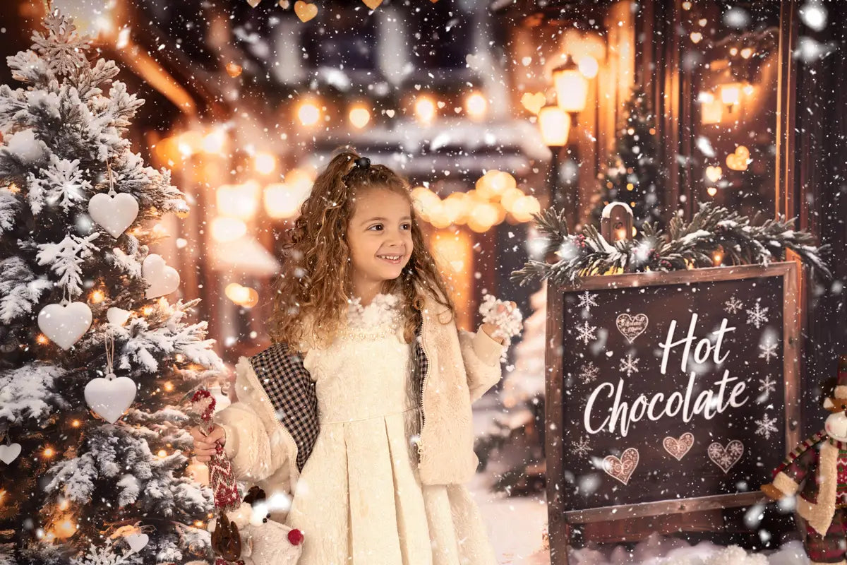 Kerst Hot Chocolate Shop Bokeh Foto Achtergrond Designed by Emetselch