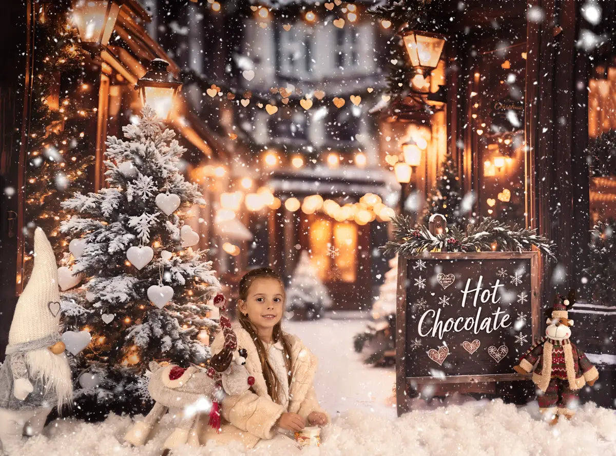 Kerst Hot Chocolate Shop Bokeh Foto Achtergrond Designed by Emetselch