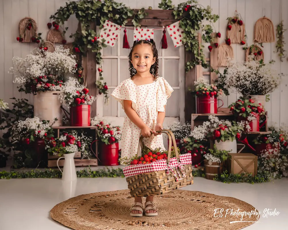 Kate Summer Strawberry Garland Rustic Window Watering Can Floral Crate Printed Backdrop Designed by Emetselch