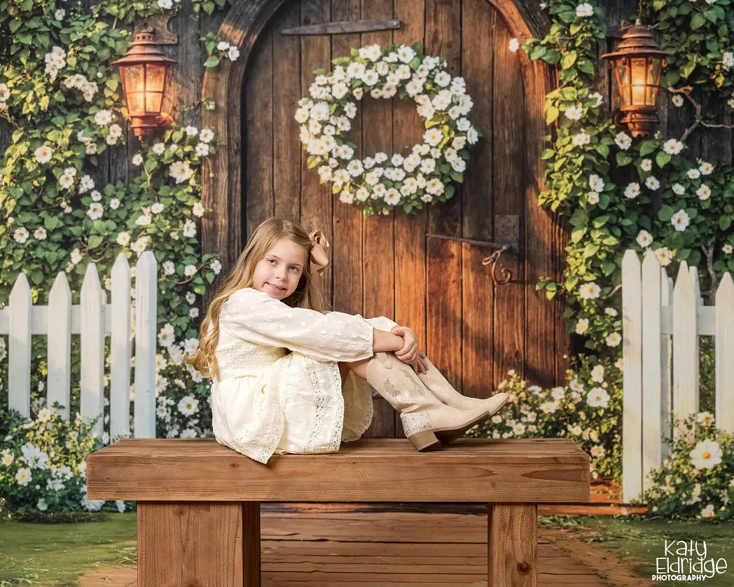 Kate Spring Wooden Door White Floral Wreath Garden Fence Backdrop Designed by Emetselch