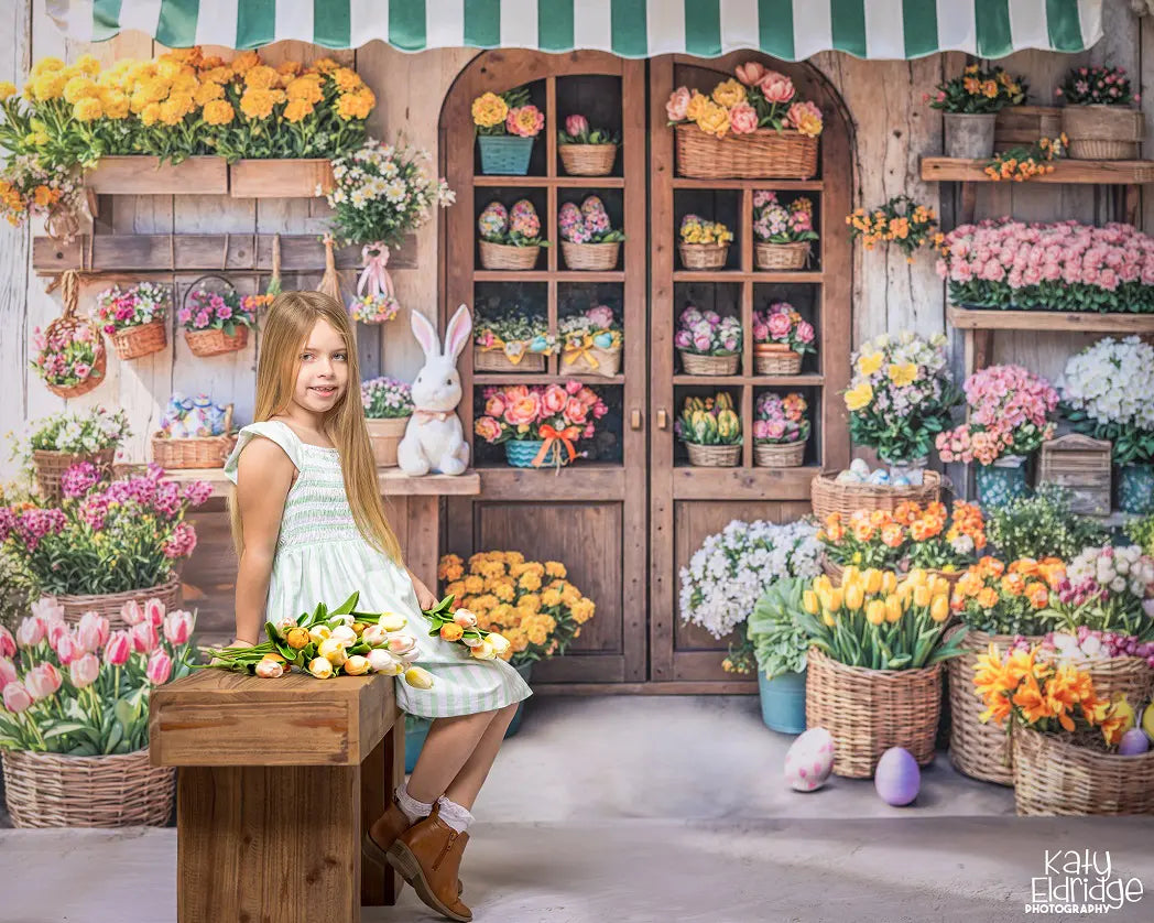 Kate Easter Bunny Flower Shop Baskets Eggs Backdrop+White Textured Wall Light Shadows Floor Backdrop