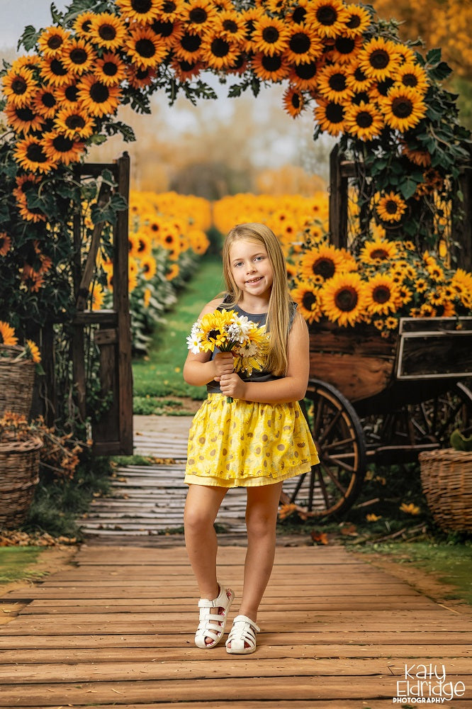 Kate Fall Sunflower Arch Rustic Basket Path Backdrop+Wooden Pathway Green Grass Floor Backdrop