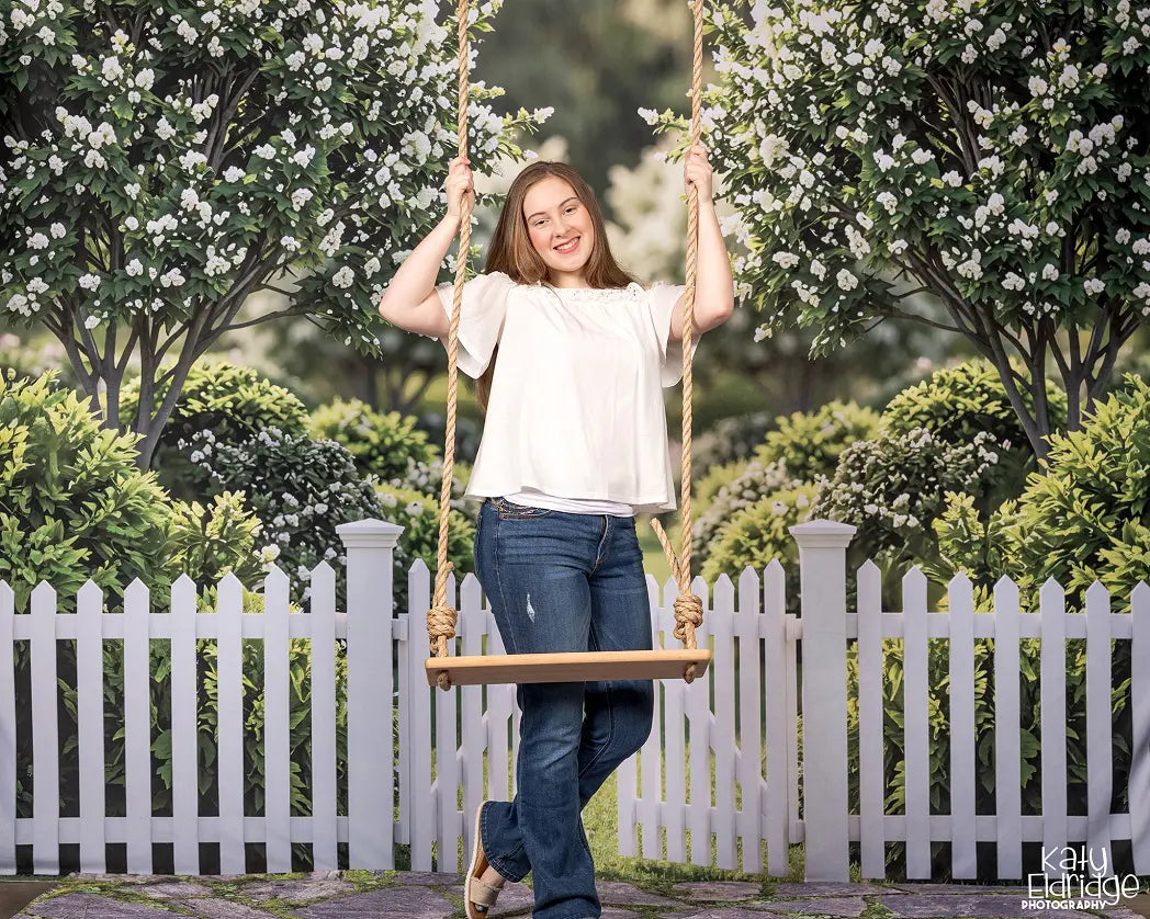 Kate Spring White Picket Fence Flowering Trees Garden Printed Backdrop Designed by Mini MakeBelieve