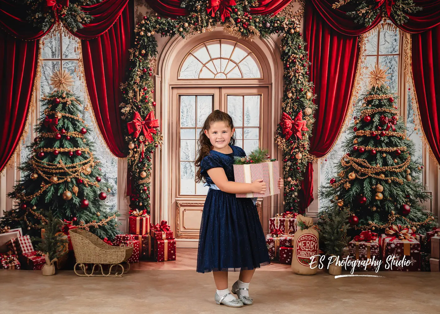 Kate Christmas Tree Red Curtain Arched Door Printed Backdrop Designed by Emetselch