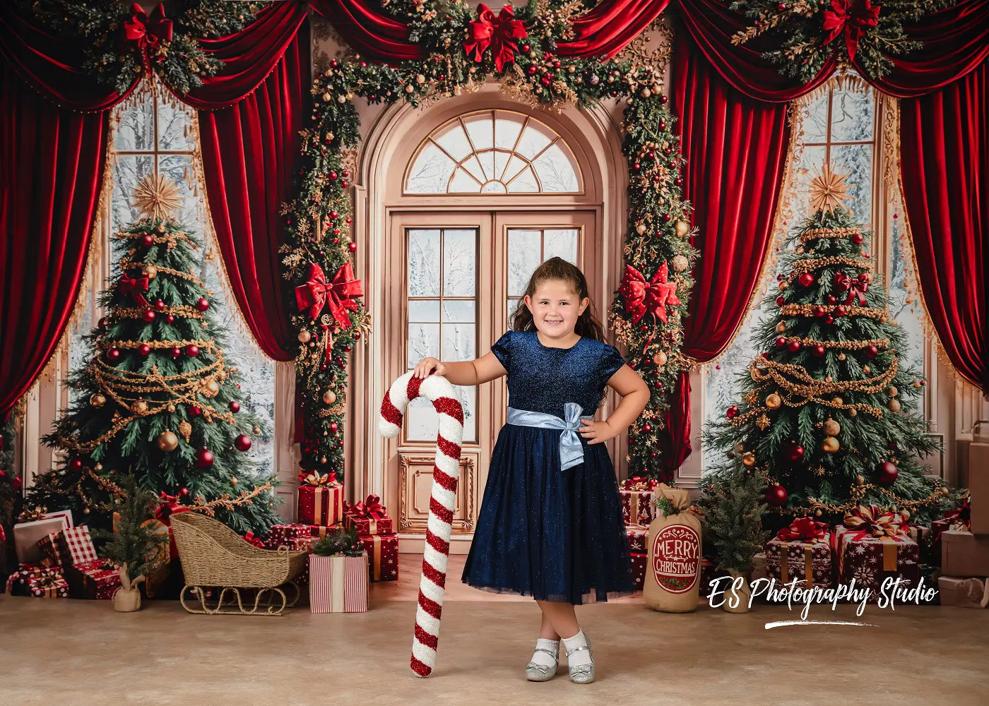 Kate Christmas Tree Red Curtain Arched Door Printed Backdrop Designed by Emetselch