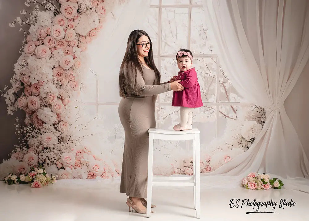 Kate Spring Flower Arch Pink White Blossoms Window Drapes Printed Backdrop Designed by Emetselch
