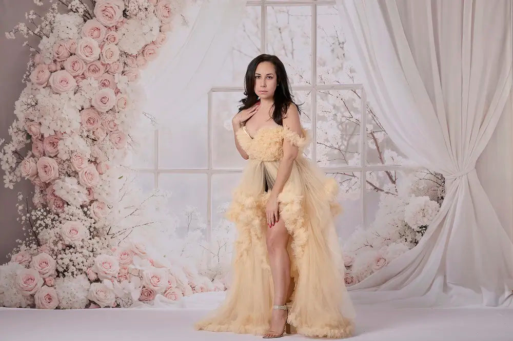Kate Spring Flower Arch Pink White Blossoms Window Drapes Printed Backdrop Designed by Emetselch