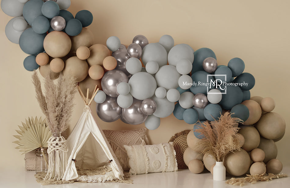 Boho Ballonnen Tent Fleece Foto Achtergrond Mat Blauw Ontworpen door Mandy Ringe Fotografie