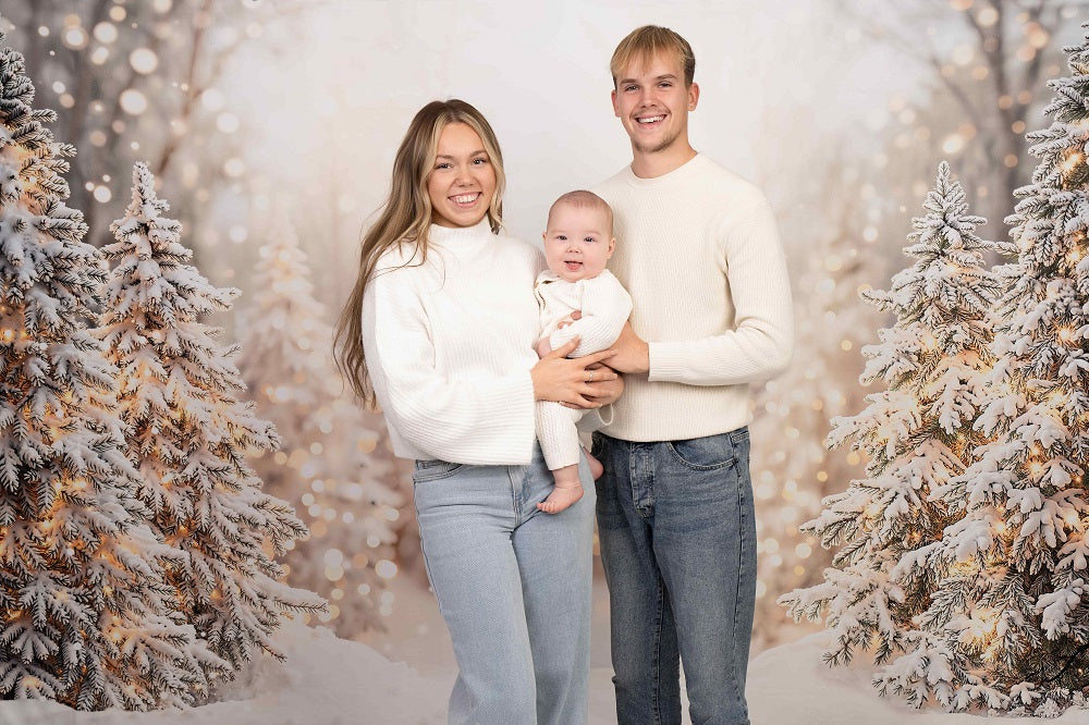 Kate Christmas Winter Snowy Pine Trees Bokeh Lights Backdrop Designed by Emetselch