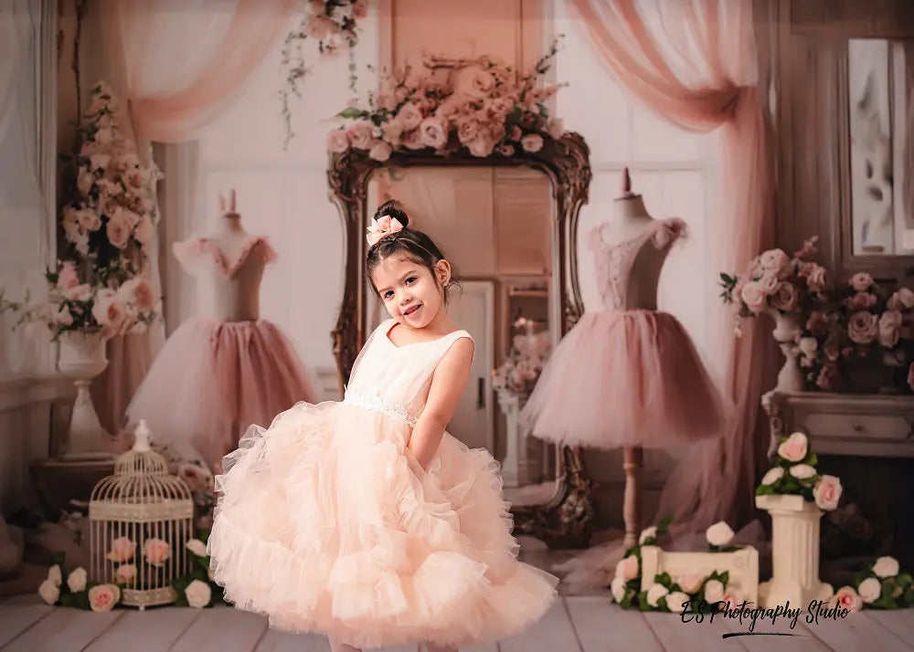 Kate Elegant Ballet Dress Studio Floral Mirror Pink Printed Backdrop Designed by Ashley Paul