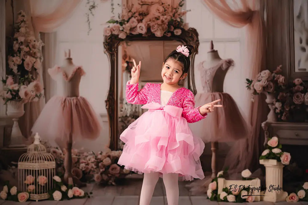Kate Elegant Ballet Dress Studio Floral Mirror Pink Printed Backdrop Designed by Ashley Paul