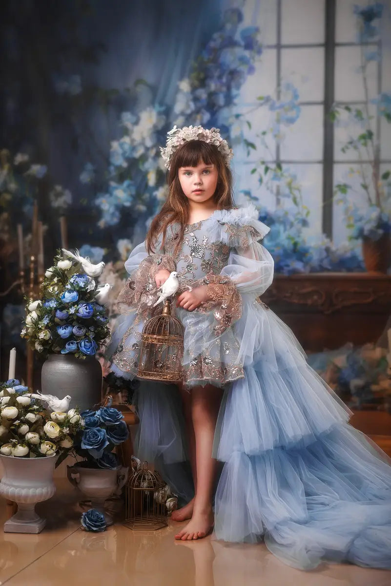 Kate Blue Flower Curtain Window Room Spring Fleece Backdrop Designed by Emetselch