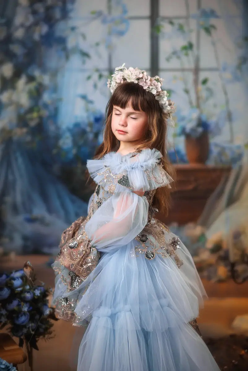 Kate Blue Flower Curtain Window Room Spring Fleece Backdrop Designed by Emetselch