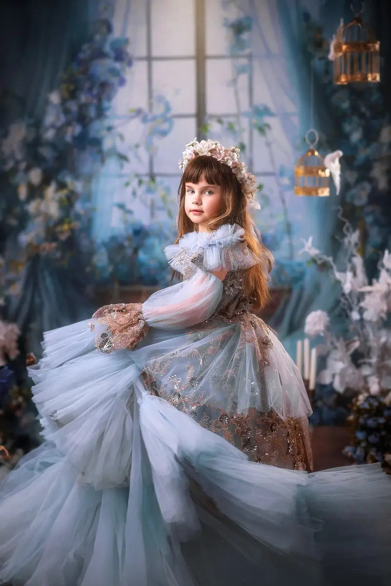 Kate Blue Flower Curtain Window Room Spring Fleece Backdrop Designed by Emetselch