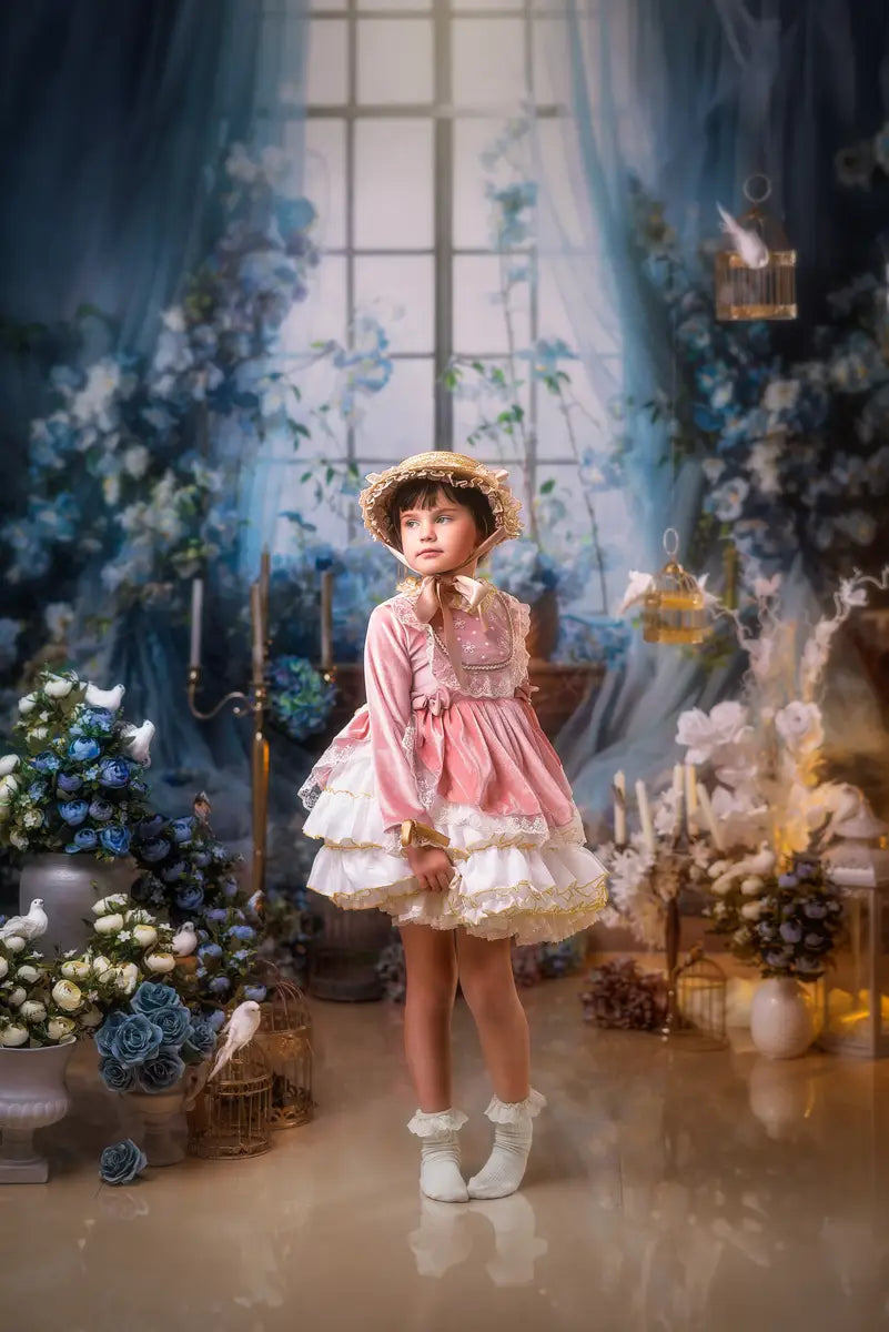 Kate Blue Flower Curtain Window Room Spring Fleece Backdrop Designed by Emetselch