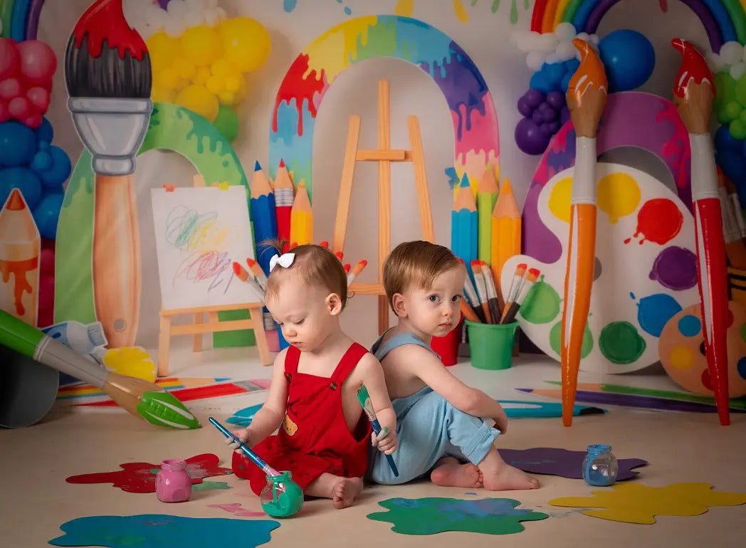 Kate Birthday Rainbow Paint Splatter Art Palette Paintbrush Printed Backdrop Designed by Patty Roberts
