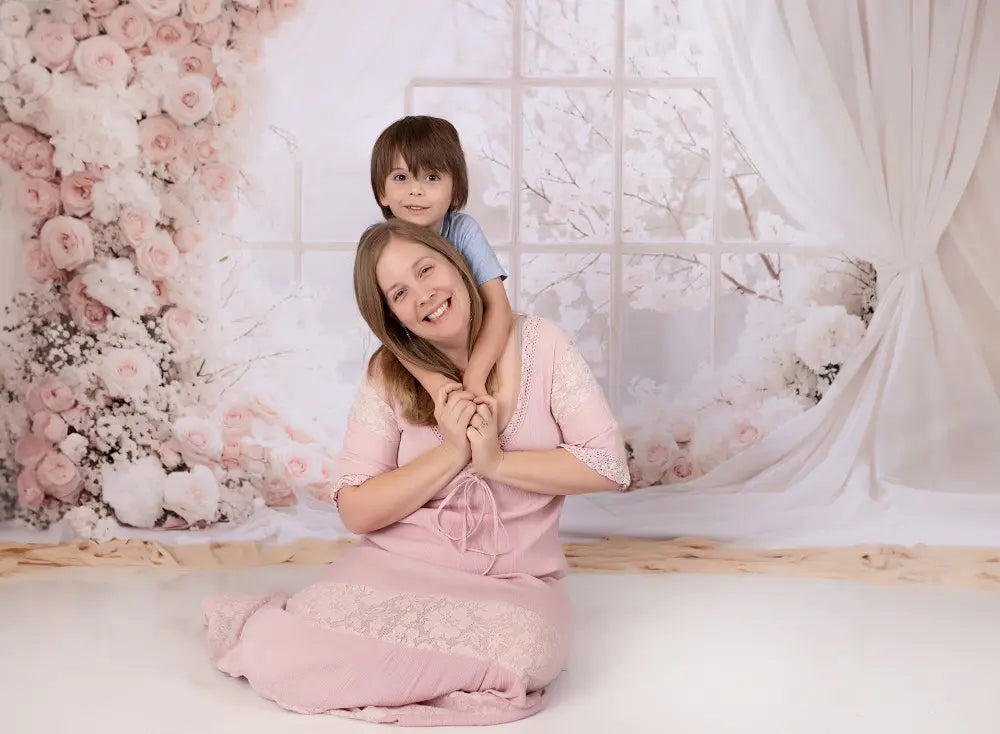 Kate Spring Flower Arch Pink White Blossoms Window Drapes Printed Backdrop Designed by Emetselch