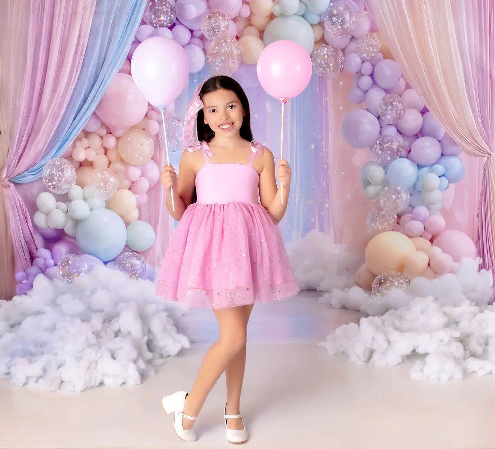 Kate Cake Smash Pastel Balloon Arch Clouds Curtains Printed Backdrop Designed by Ashley Paul