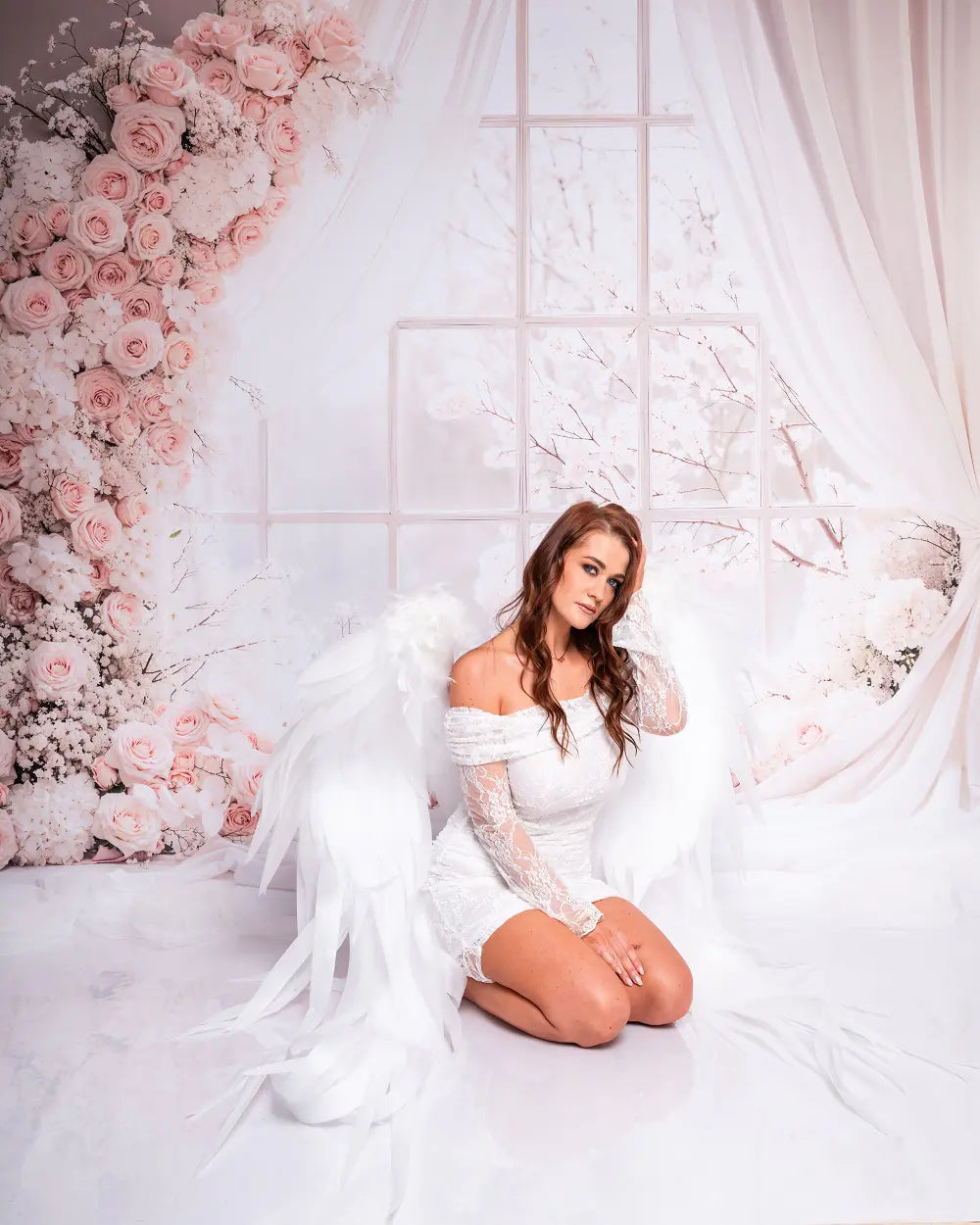 Kate Spring Flower Arch Pink White Blossoms Window Drapes Printed Backdrop Designed by Emetselch