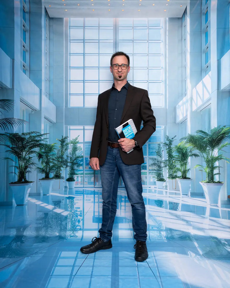 Kate Sweep Modern Blue Interior Green Plant Corporate Office Lobby Backdrop Designed by Megan Leigh Photography