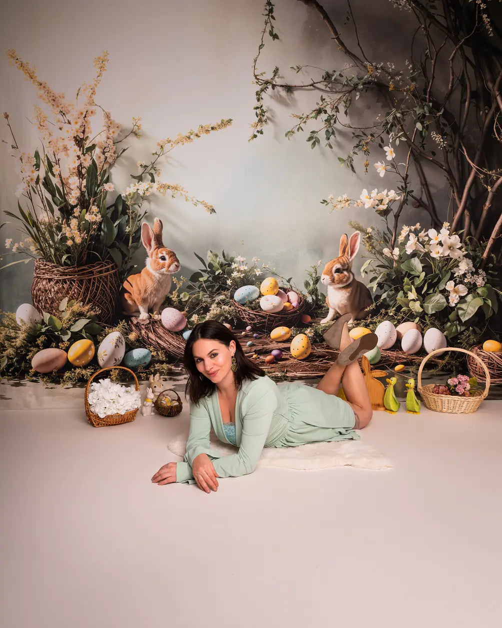 Kate Easter Bunny Pastel Eggs Floral Nest Printed Backdrop Designed by Emetselch