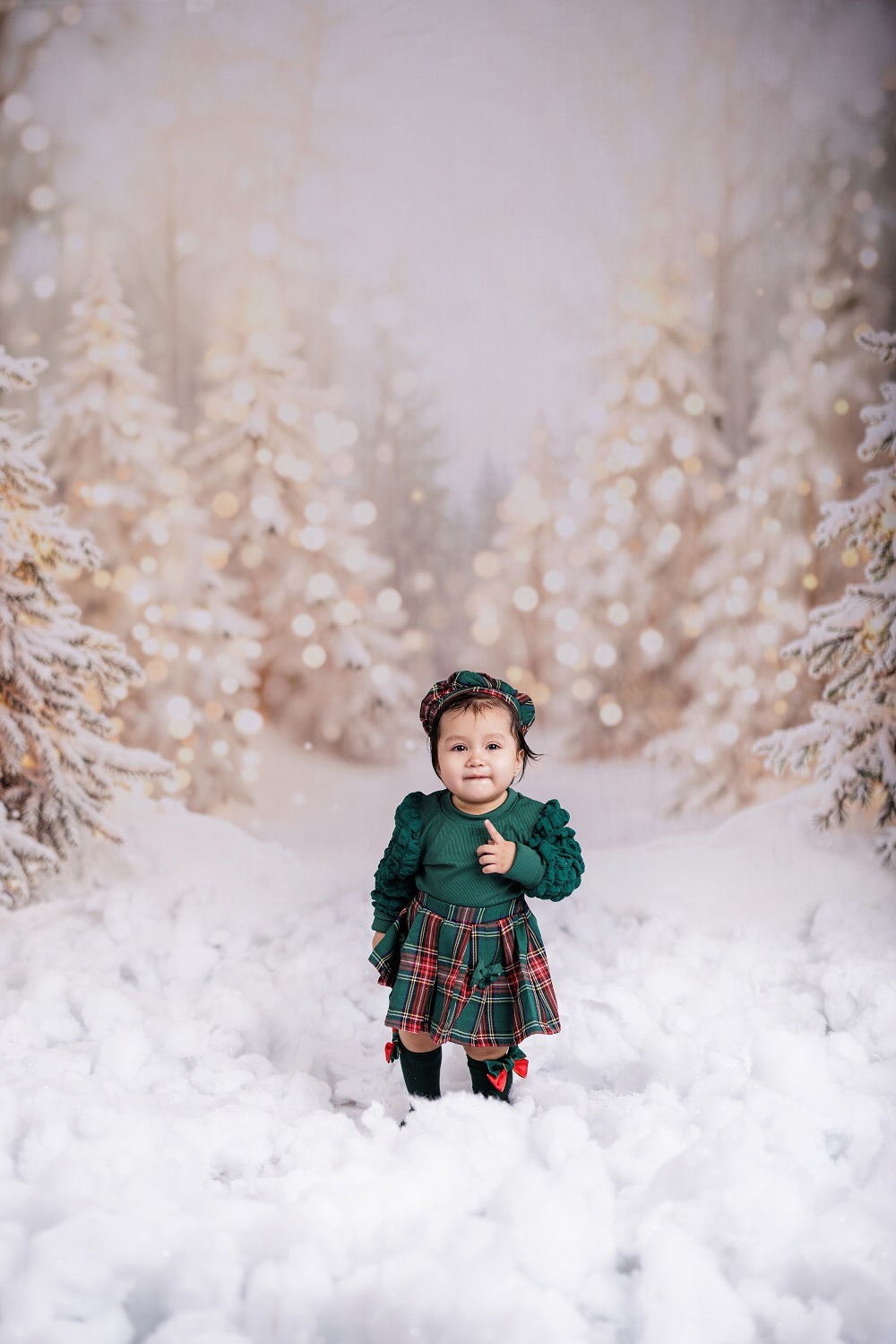 Kate Christmas Winter Snowy Pine Trees Bokeh Lights Backdrop Designed by Emetselch