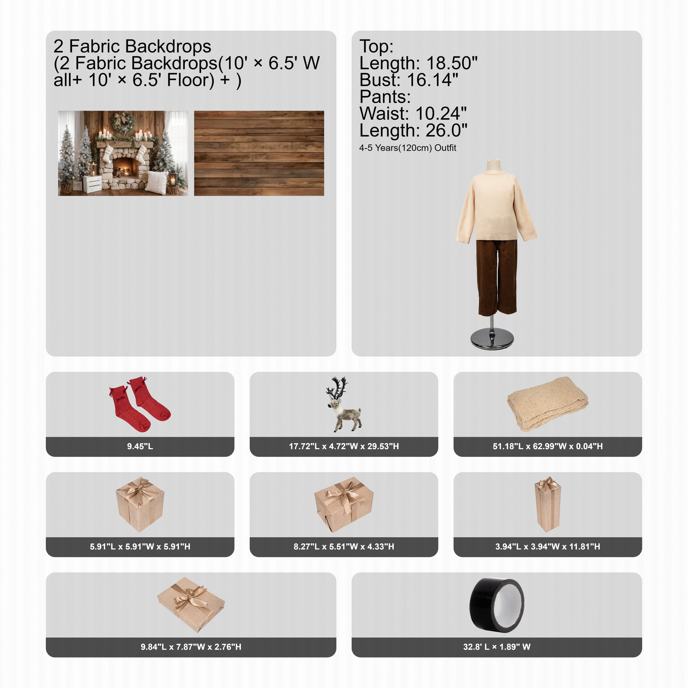 Product display with fabric backdrops and mannequin measurements on a white background