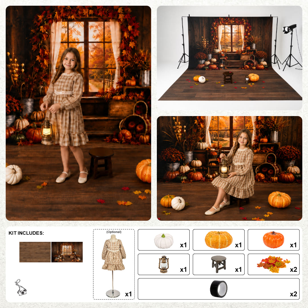 Kate Fall Window Maple Leaves Pumpkin Photo Kit Photography Backdrops&Props Themed Bundle(US ONLY)